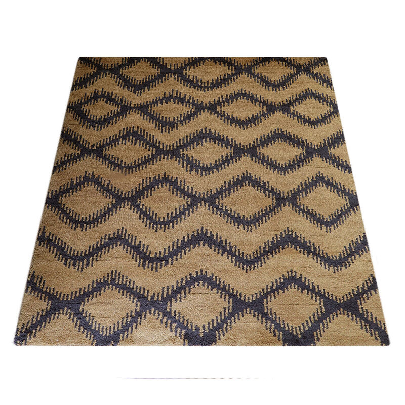 HAND KNOTTED WOOL Geometric AREA RUGS  - 8'x10', Rectangle Shape, Gold Charcoal Color, Geometric Modern, Medium Pile Handmade Area Rugs for Living Room, Bed Room (N00165)