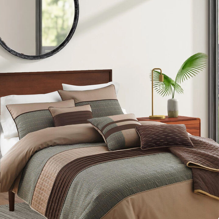 7 Piece King Polyester Comforter Set with Pleats and Texture, Gray and Brown-Benzara
