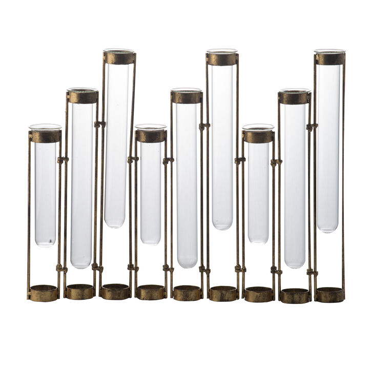 18 Inch 9 Slot Accent Vase, Glass Body Pieces in Iron Frame, Antique Bronze-Benzara