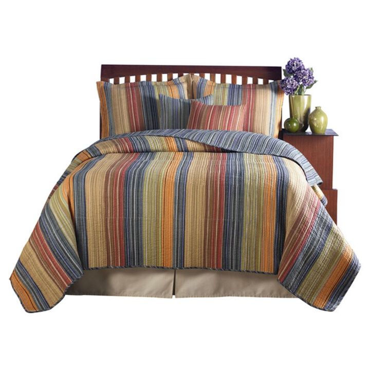 Hivvago Full / Queen 100% Cotton Quilt Set with Red Orange Blue Brown Stripes