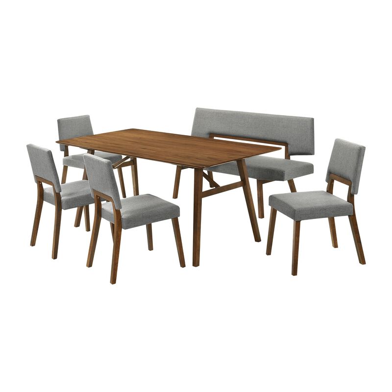 Yumi 6 Piece Dining Table Set, Chairs, Bench, Gray Fabric, Wood Brown - Benzara