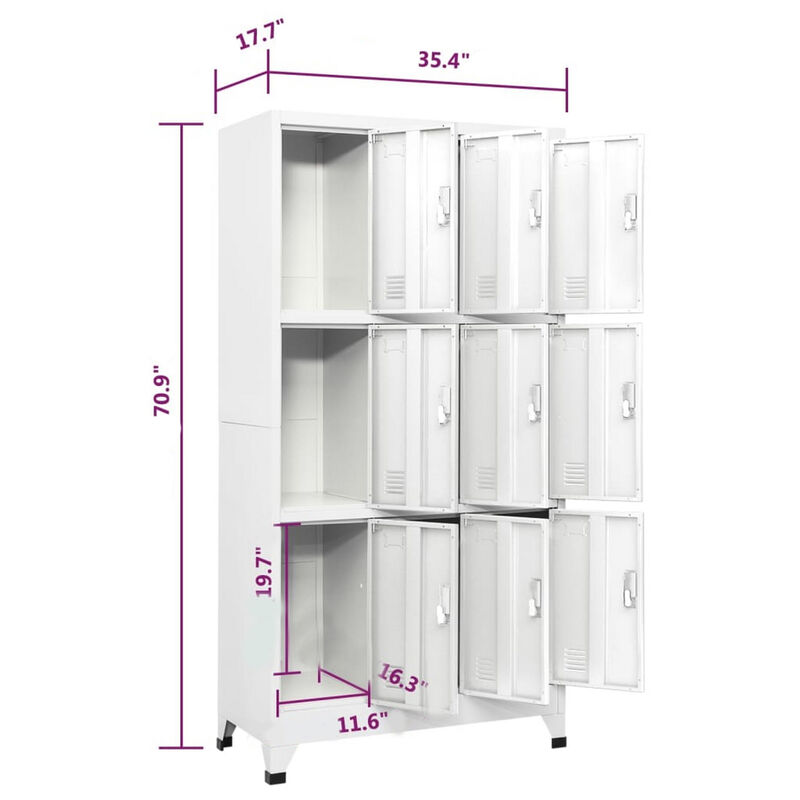 Rim Locker Cabinet, 9 Storage Compartments, Gray Steel Metal, 71 Inch - Benzara