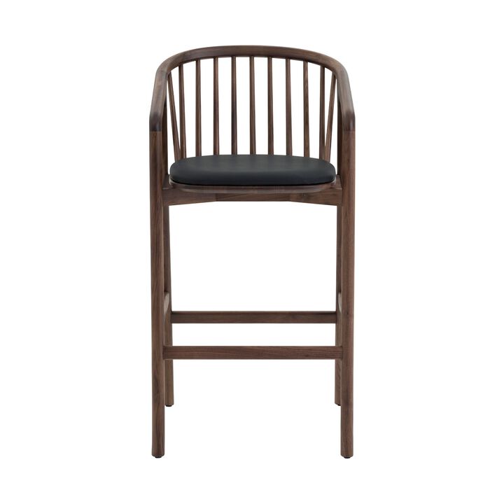 Rchy Barstool Chair, Curved Spindle Back, Black Faux Leather, Brown Wood - Benzara