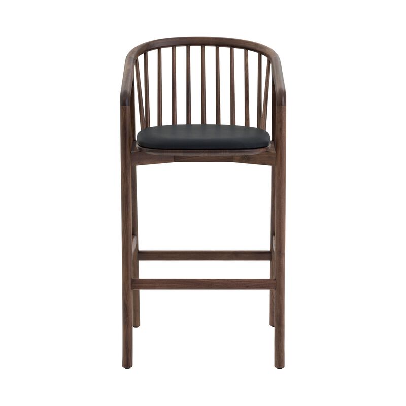 Rchy Barstool Chair, Curved Spindle Back, Black Faux Leather, Brown Wood - Benzara