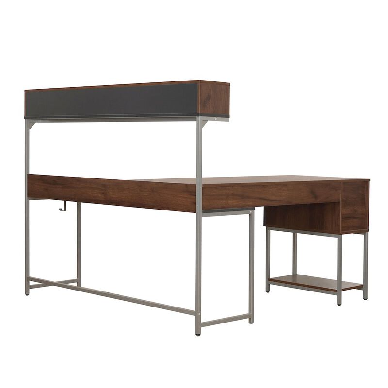 Techni Mobili L-Shape Desk with Hutch and Storage, Walnut