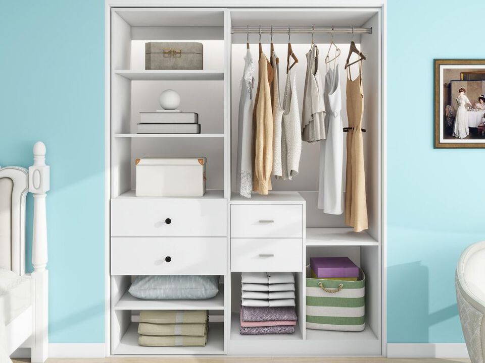 Closet Shelving System with 4 Drawers, Modern Built in Closet with Hanging Rod