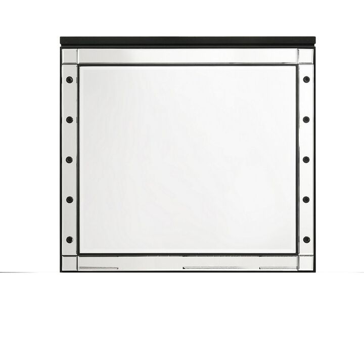 Lee 37 x 40 Vanity Mirror, 10 Light Bulb Sockets, Modern Black Wood Frame - Benzara