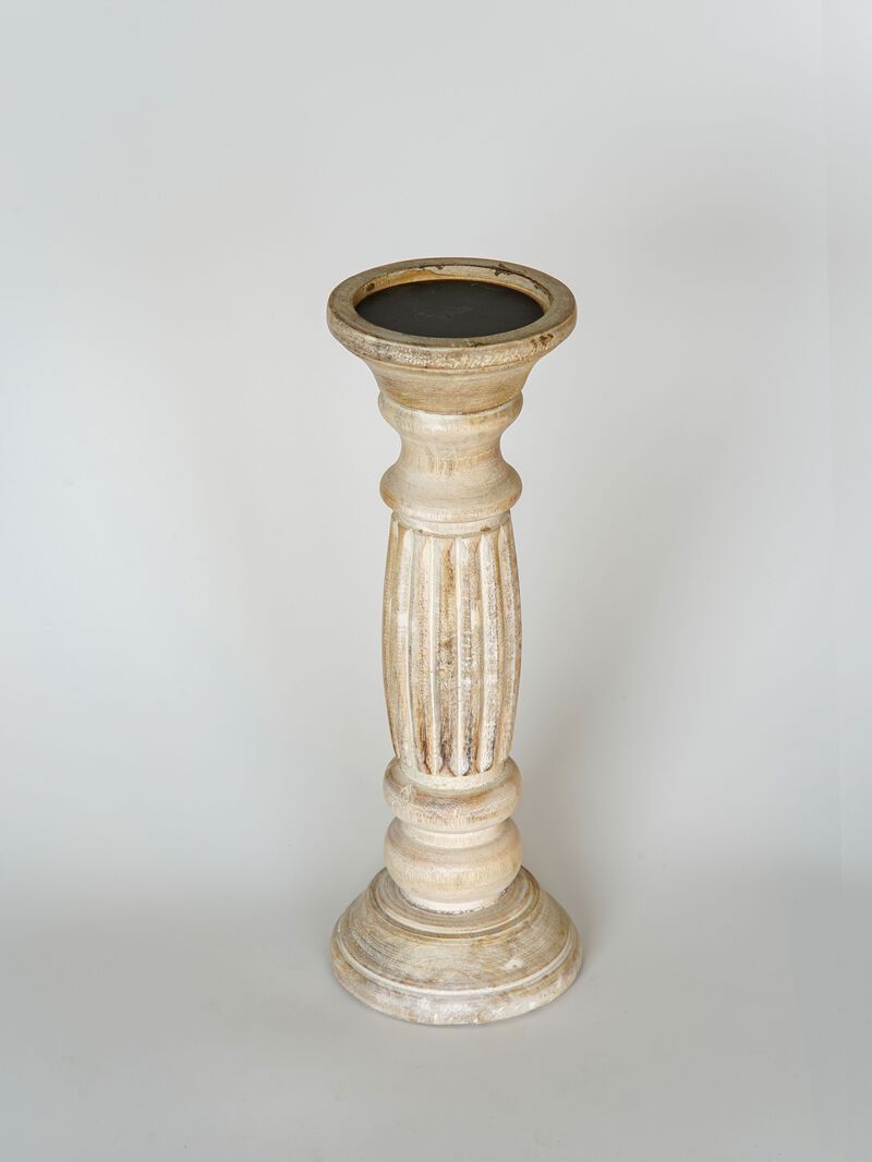 Traditional Antique White Eco-friendly Handmade Mango Wood Set Of One 12" Pillar Candle Holder