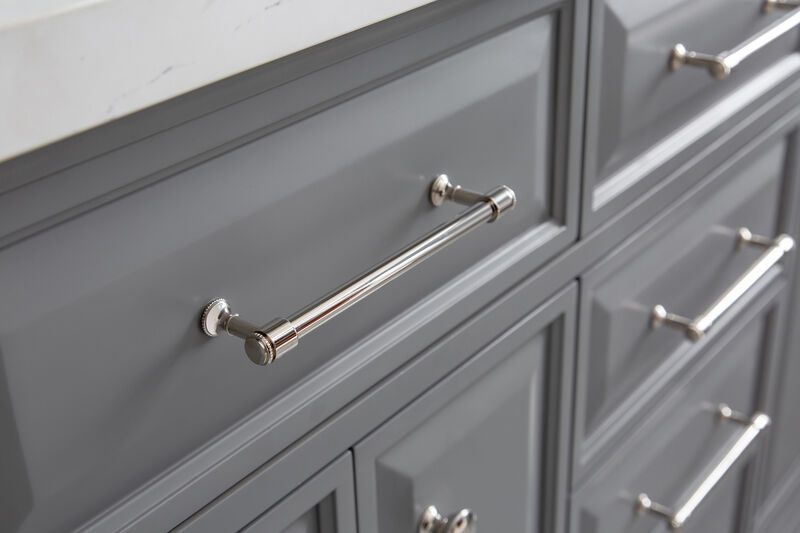 Palace 60 In. Double Sink Carrara Quartz Countertop Bath Vanity in Cashmere Grey with Polished Nickel (PVD) Hardware, Classic Faucets and Rectangular Pivot Mirrors