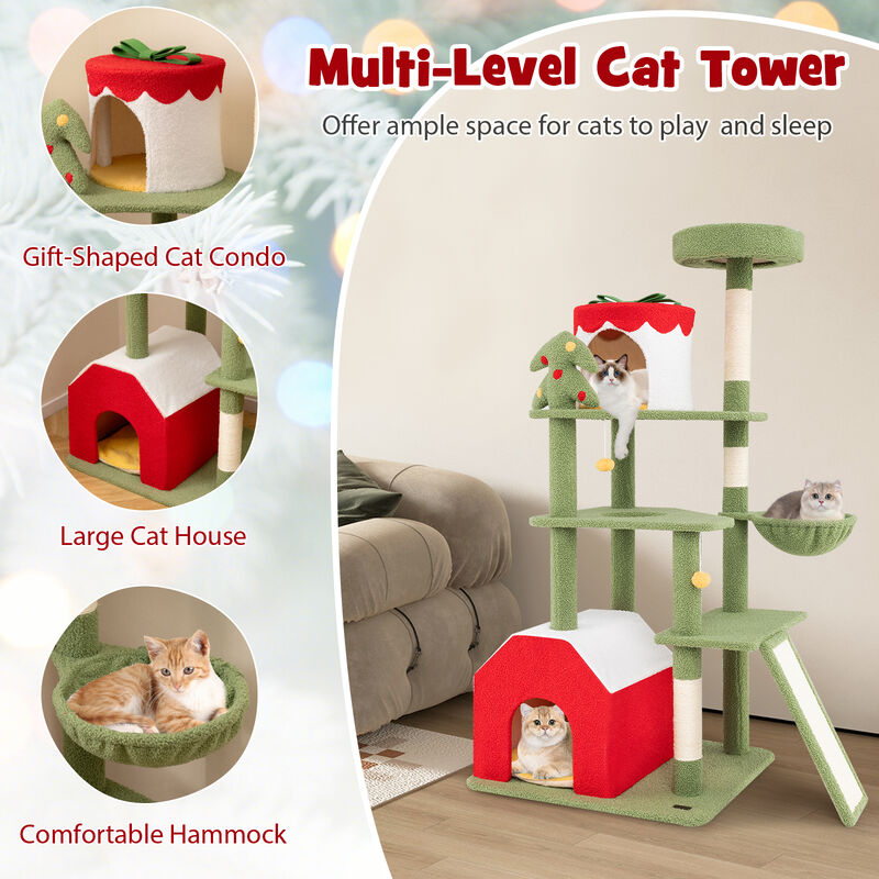 Cute Christmas Cat Tree with Sisal Scratching Posts and 2 Condos