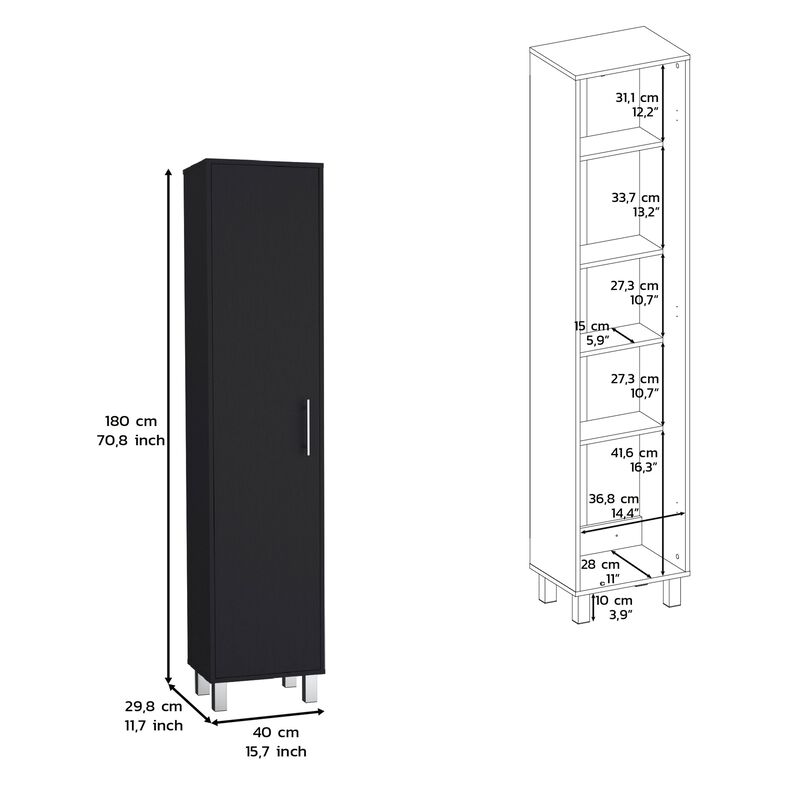 Dryden Tall Narrow Storage Cabinet with 5-Tier Shelf and Broom Hangers, Black -Garage
