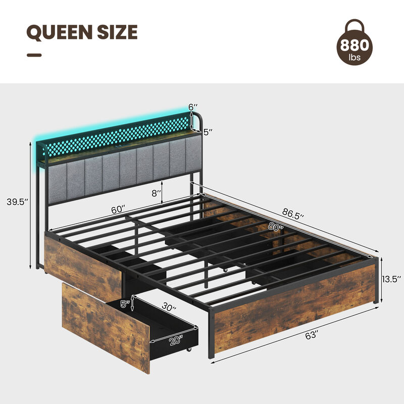Bed Frame with LED Lights  Upholstered Headboard and 4 Storage Drawers