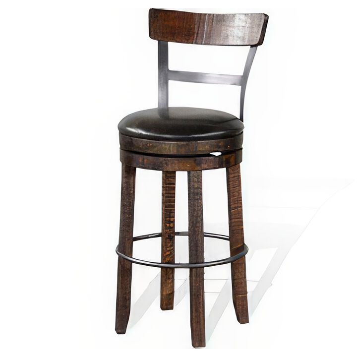 Flint Swivel Barstool Chair Set of 2, Black Faux Leather, Dark Brown - Benzara