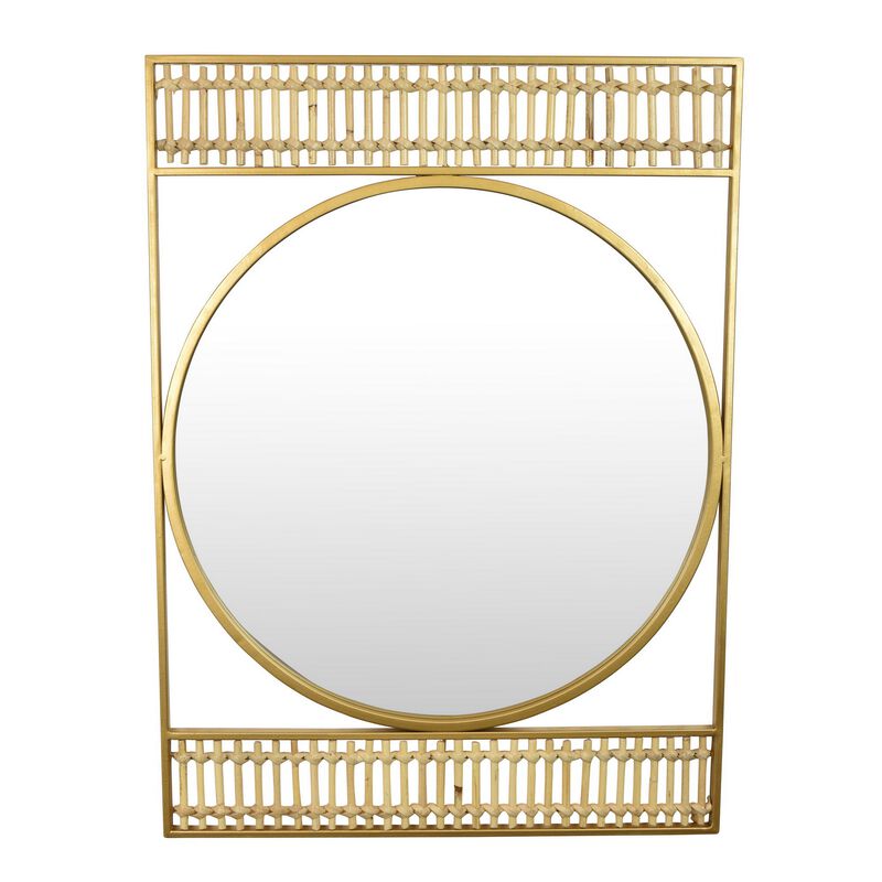 Zine Wall Mirror Decor, Round Glass, Woven Border, 19 x 27 Gold Metal - Benzara