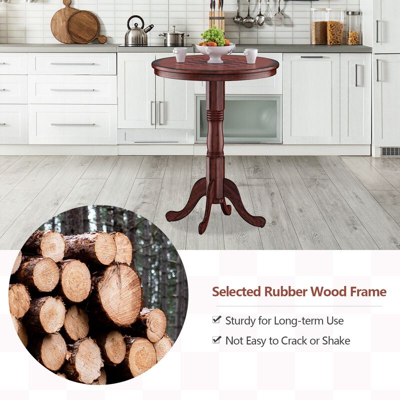 42 Inch Wooden Round Pub Pedestal Side Table with Chessboard
