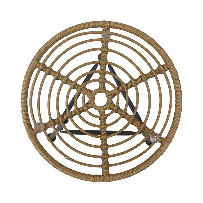 Tee Outdoor Side End Table, 20 Inch Rattan Weave, Glass Top, Steel - Benzara