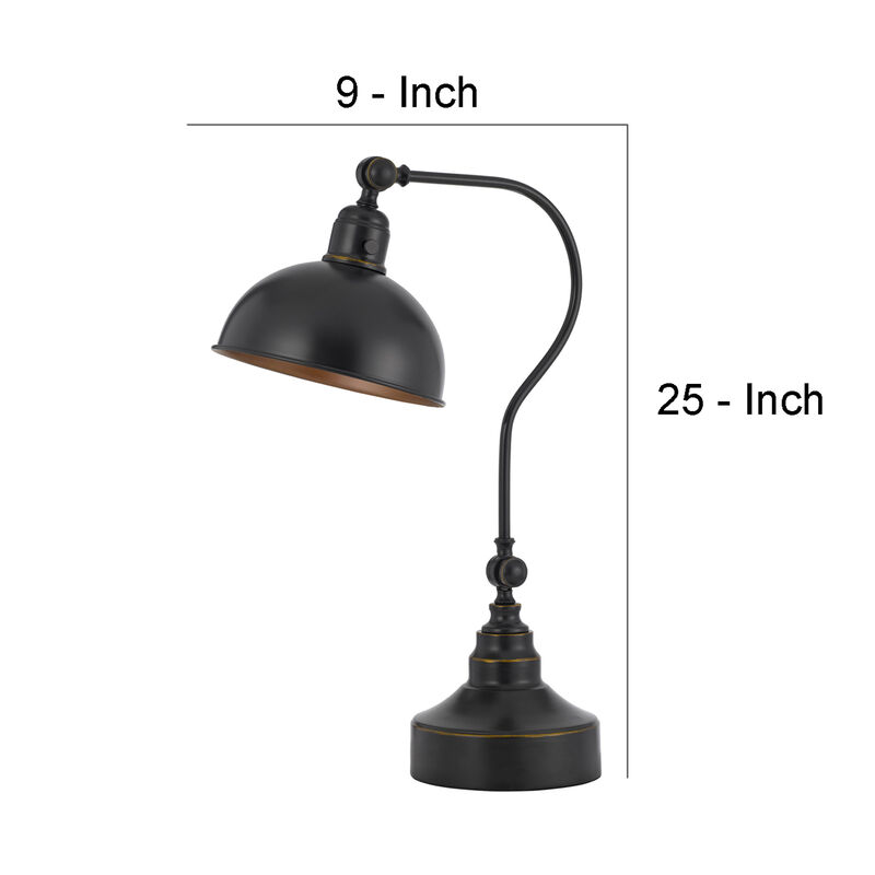 25 Inch Metal Curved Desk Lamp, Adjustable Shade, Bronze Black-Benzara