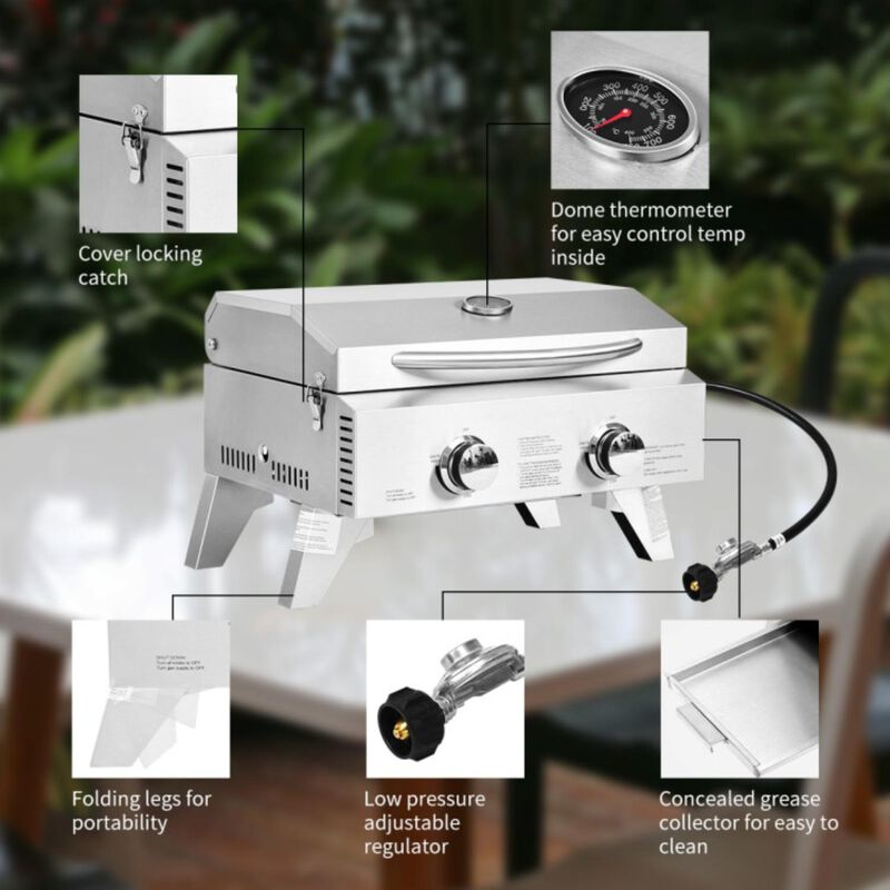 Hivvago 2 Burner Portable Stainless Steel BBQ Table Top Grill for Outdoors