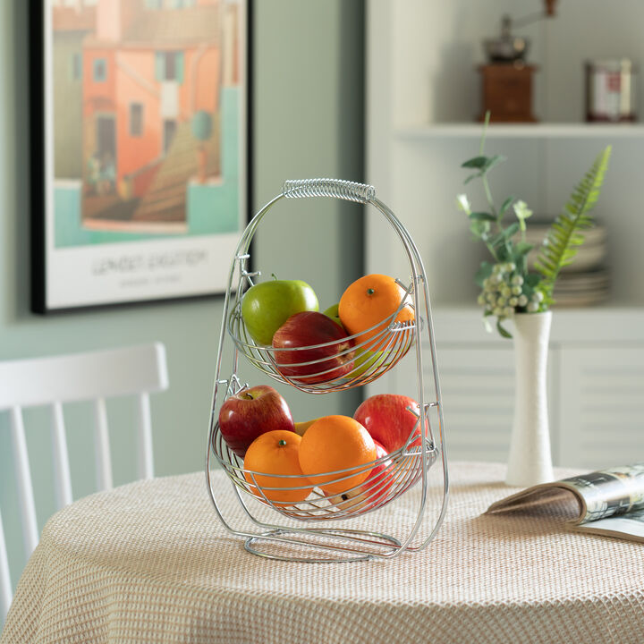 2 Tier Metal Fruit Holder Swing Basket for Kitchen | Detachable Countertop Vegetables Storage Organizer with Display Hammock Stand for Farmhouse, Living Room, Dining Room