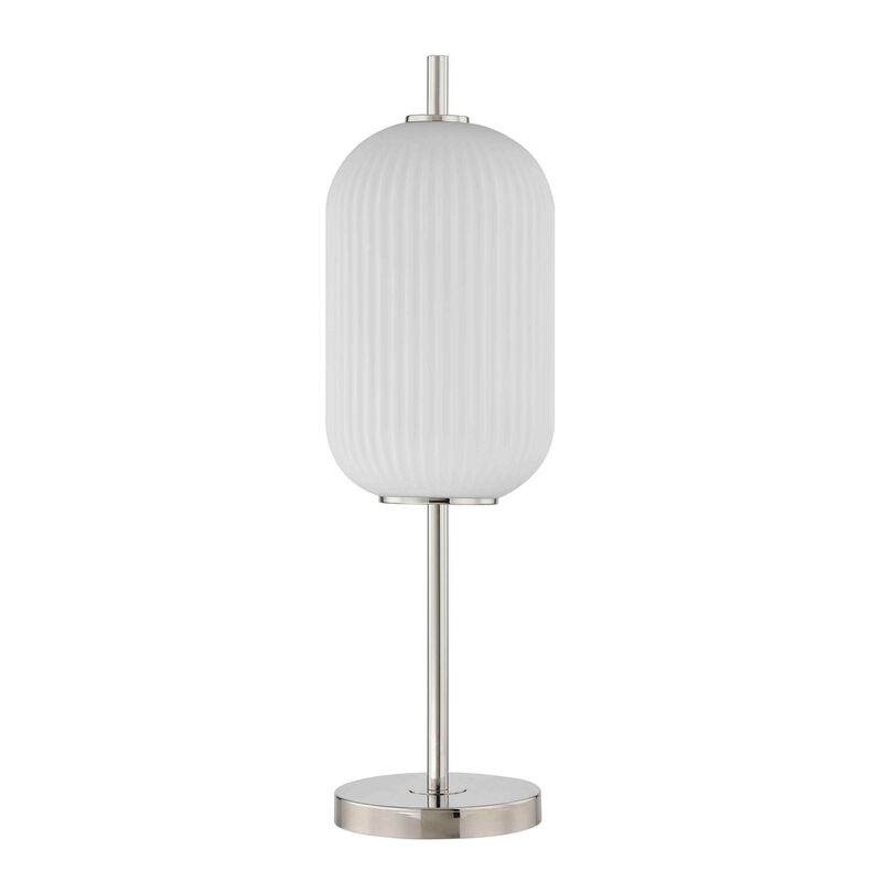 Aimy 27 Inch Table Lamp, LED Glass Shade, Metal, Chrome and White Finish-Benzara