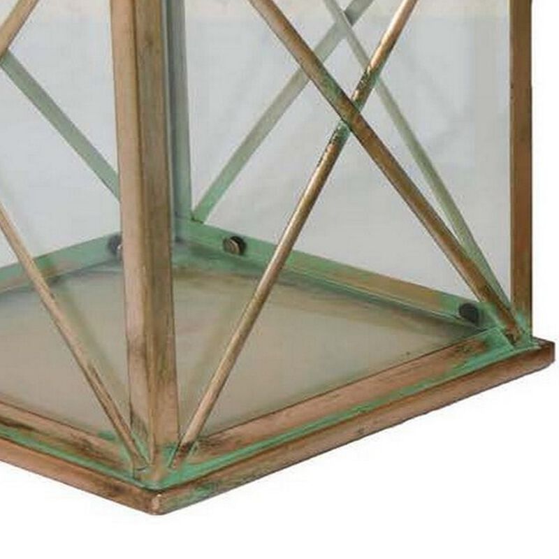 20 Inch Decorative Lantern Set of 2, Glass Panel, Cross Metal Frame, Gold - Benzara