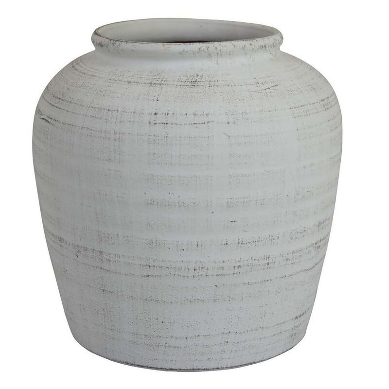 Gri 11 Inch Vase, Baluster Shape, Distressed White, Transitional Style - Benzara