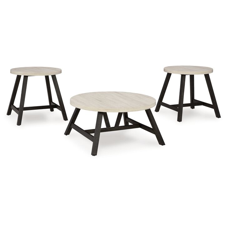 Demy 3pc Coffee and End Table Set, White Round Oak Wood Top, Gray Base - Benzara