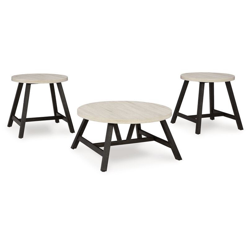 Demy 3pc Coffee and End Table Set, White Round Oak Wood Top, Gray Base - Benzara