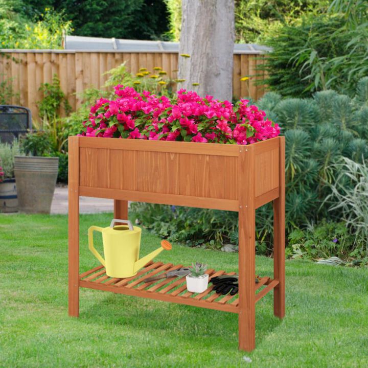 Hivvago Outdoor Raised Garden Bed Fir Wood Planter Box with Bottom Storage Shelf and Protective Liner