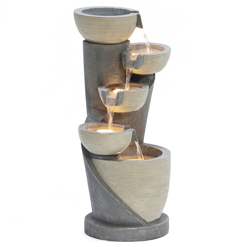 LuxenHome Gray Cascading Bowls and Column Resin Outdoor Fountain with LED Lights