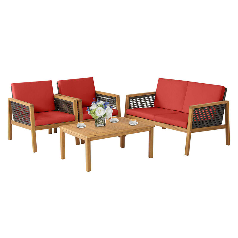 4 Pieces Patio Rattan Furniture Set with Removable Cushions