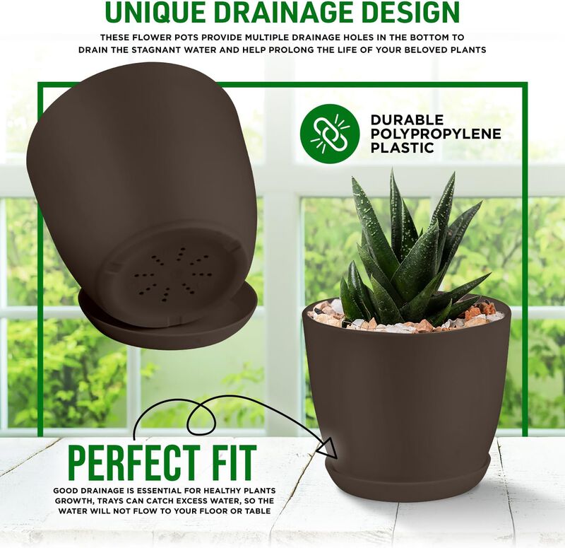 Planter Pots with Drainage Holes - Lightweight, Durable, and Space-Saving Pots for Indoor and Outdoor - Versatile Functionality, Simple Modern Design, Plastic Planter Pots