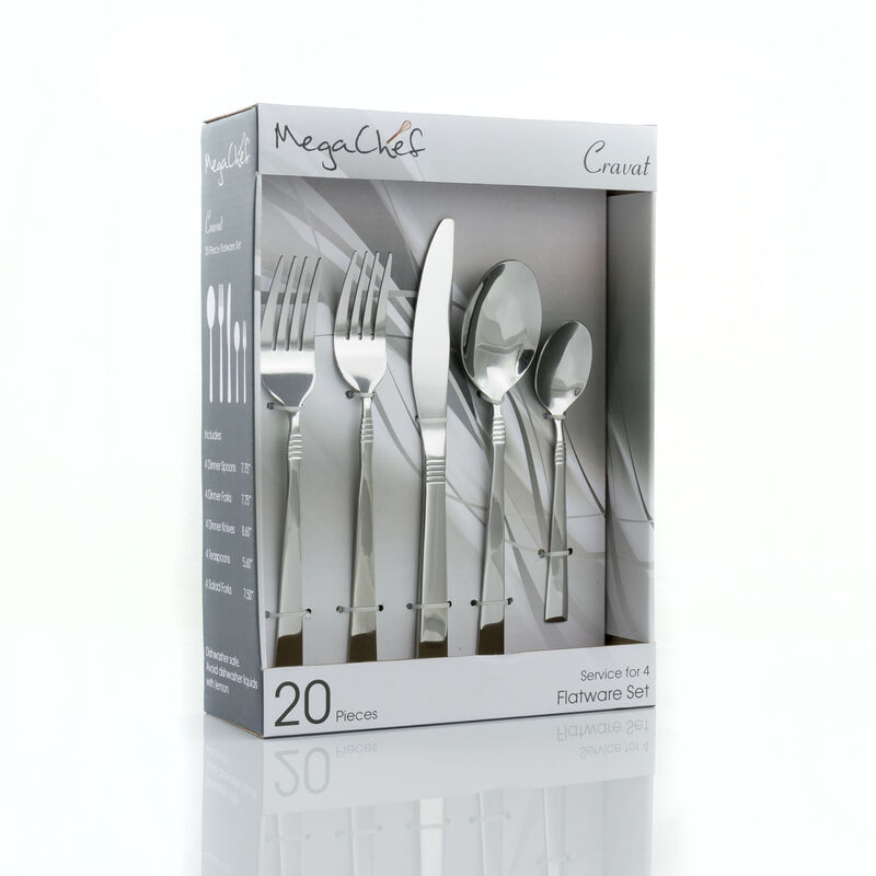 MegaChef Cravat 20 Piece Flatware Utensil Set, Stainless Steel Silverware Metal Service for 4 in Silver
