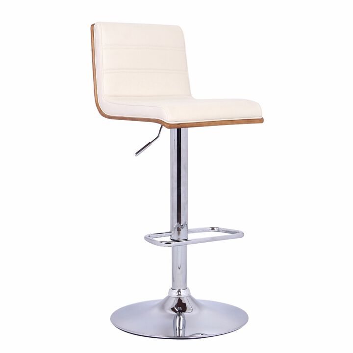 Wooden Support Faux Leather Barstool with Pedestal Base, Cream and Chrome-Benzara