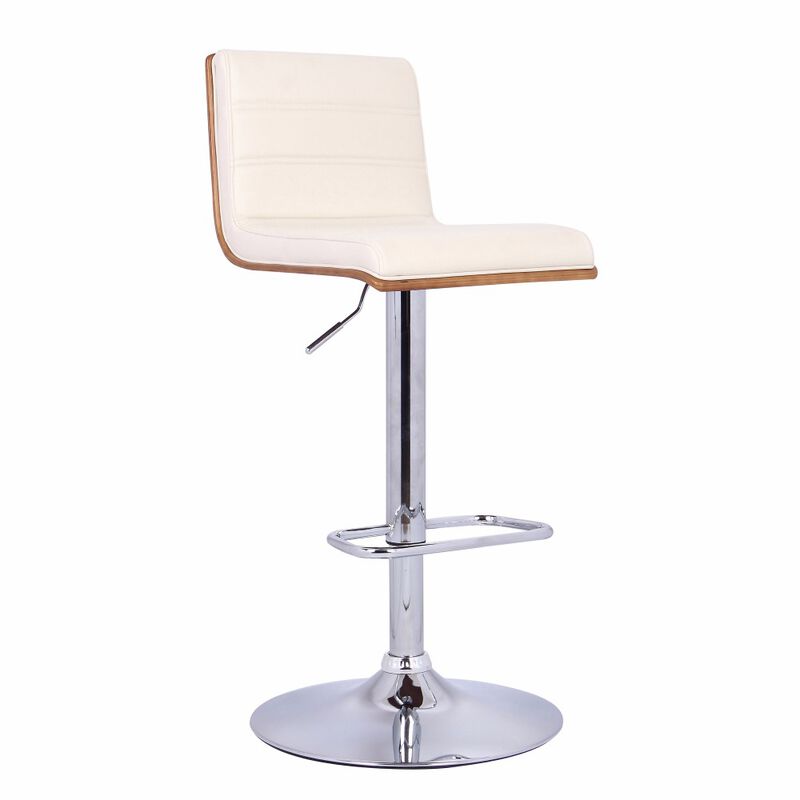 Wooden Support Faux Leather Barstool with Pedestal Base, Cream and Chrome-Benzara