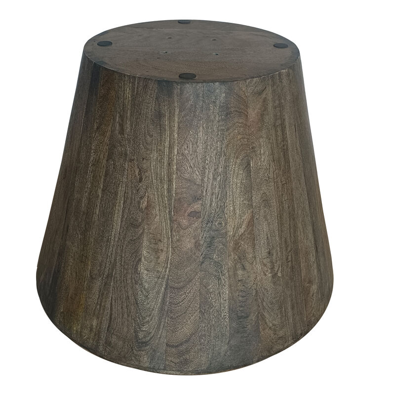24 Inch Side End Table, Round Drum Shape, Handcrafted Distressed Gray Mango Wood