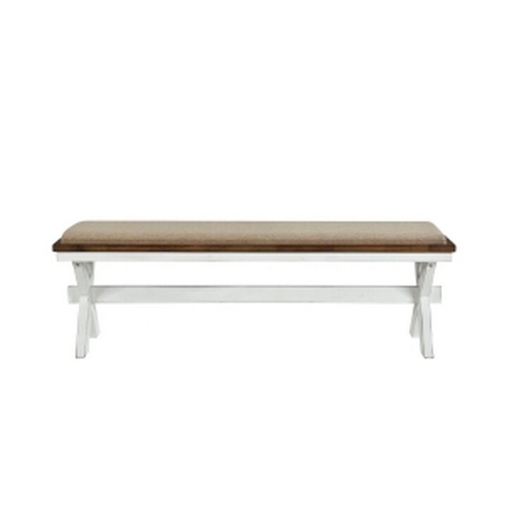 60 Inch Bench, Polyester Upholstery, Crossed Legs, Antique White Finish-Benzara