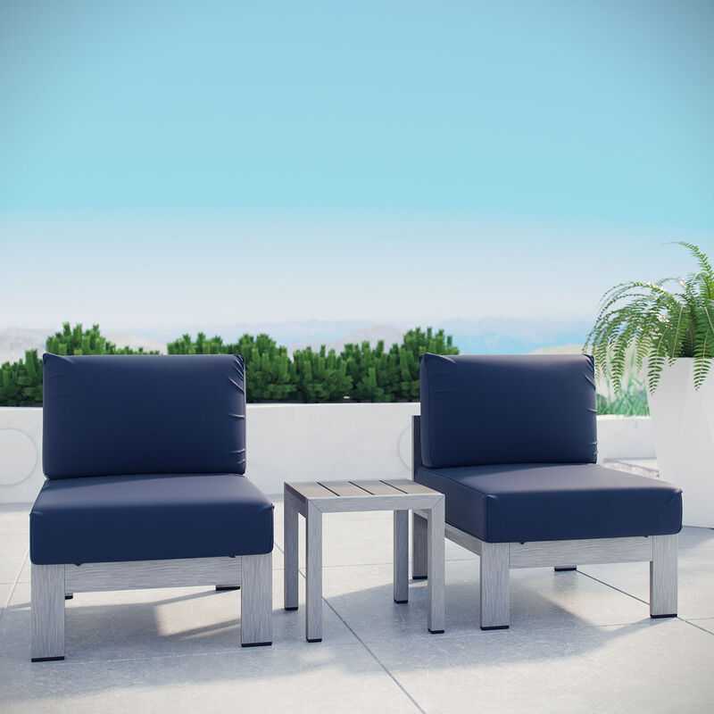 Shore 3 Piece Outdoor Patio Aluminum Sectional Sofa Set - Silver Navy