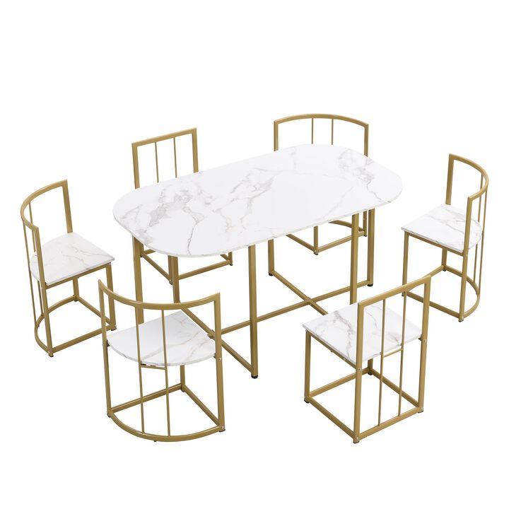 MONDAWE Modern Dining Furniture 7-Piece Dining Table Set with Faux Marble Compact 55Inch Kitchen Table Set for 6