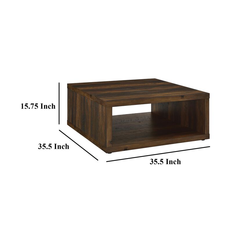 Rizz Coffee Table, Square Cube Design Open Shelf, 36 Inch Dark Brown - Benzara