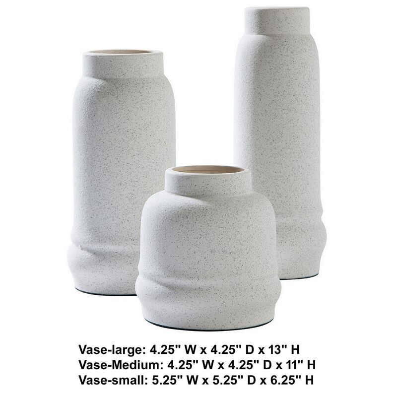 Vase with Elongated Textured Ceramic, Set of 3, White-Benzara