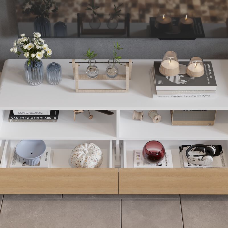 White/Oak Wood TV Stand Media Console with Pop up Drawers, Open Shelf, Fits TV's up to 80 in.