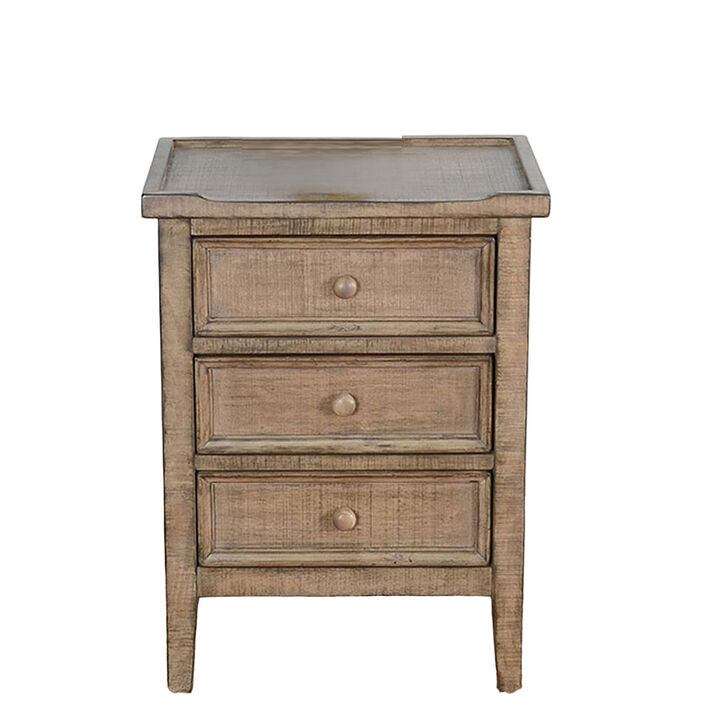 Rena End Table with 3 Drawers, 19 Inch Distressed Brown Mahogany Wood - Benzara