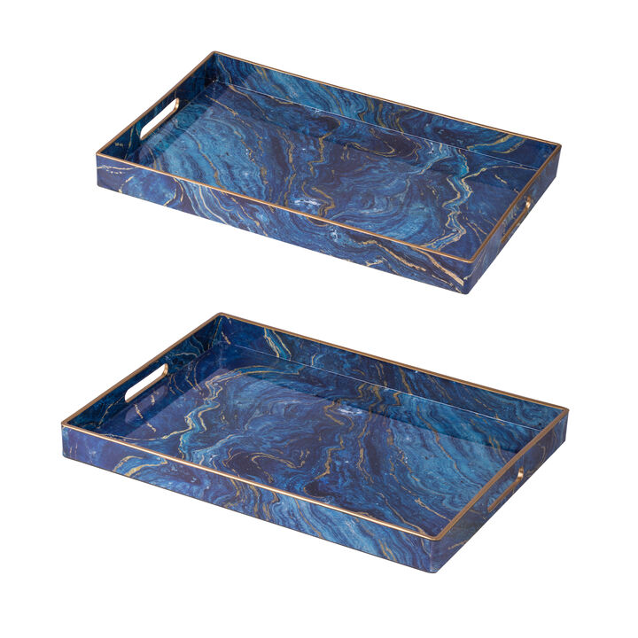 19, 18 Inch Set of 2 Modern Decorative Trays, Blue Pattern with Gold Rim-Benzara