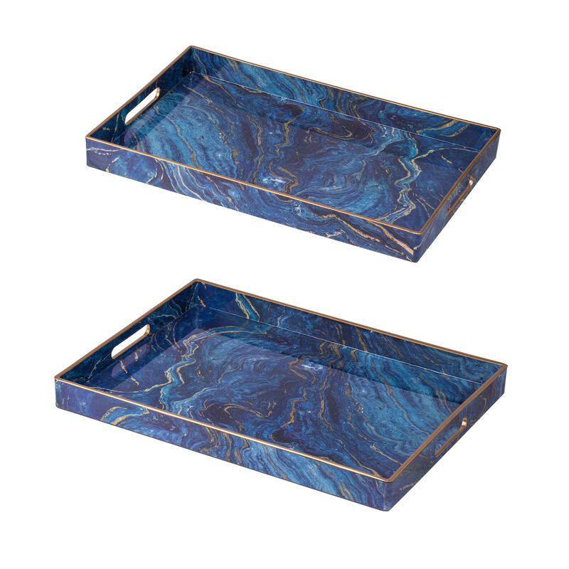 19, 18 Inch Set of 2 Modern Decorative Trays, Blue Pattern with Gold Rim-Benzara