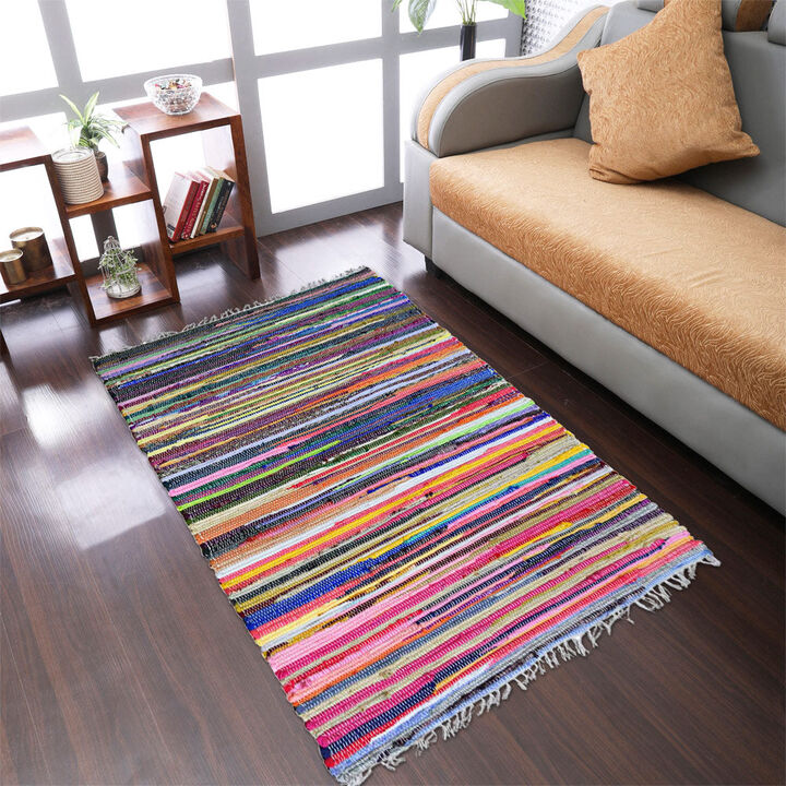 RUGSOTIC CARPETS HAND WOVEN FLAT WEAVE KILIM COTTON ECO-FRIENDLY AREA RUGS  - 3'x5', Rectangle Shape, Multicolor Color, Contemporary Modern Design, Low Pile  Handmade Area Rugs (DC0145)