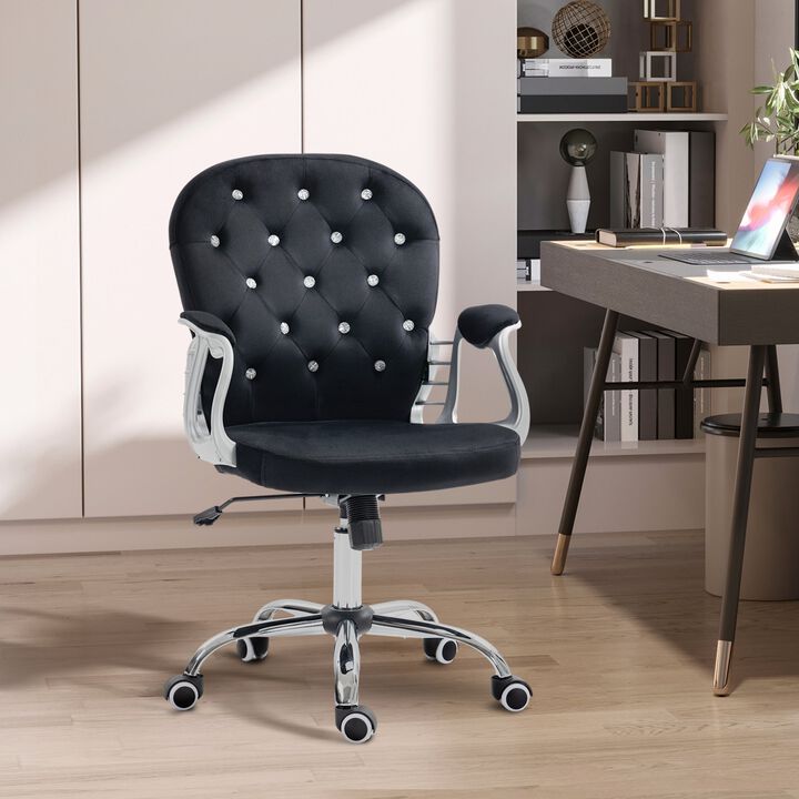 Black Velvet Office Chair: Button Tufted, Adjustable, Swivel