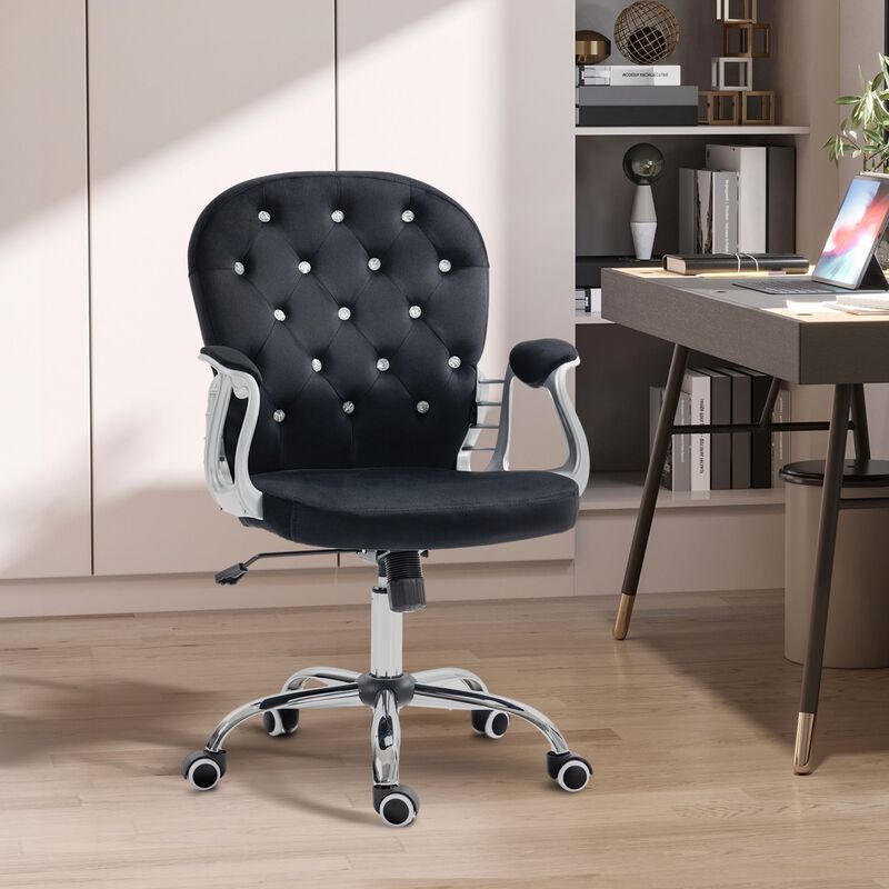 Black Velvet Office Chair: Button Tufted, Adjustable, Swivel