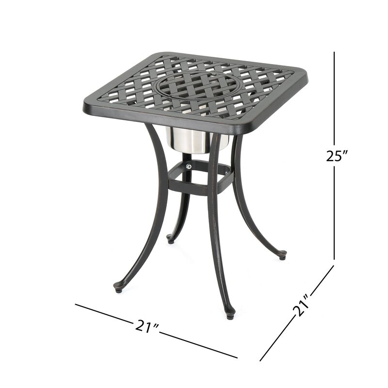 Outdoor Bistro Square Table with Built-In Ice Bucket, 21 Inch, Copper - Benzara