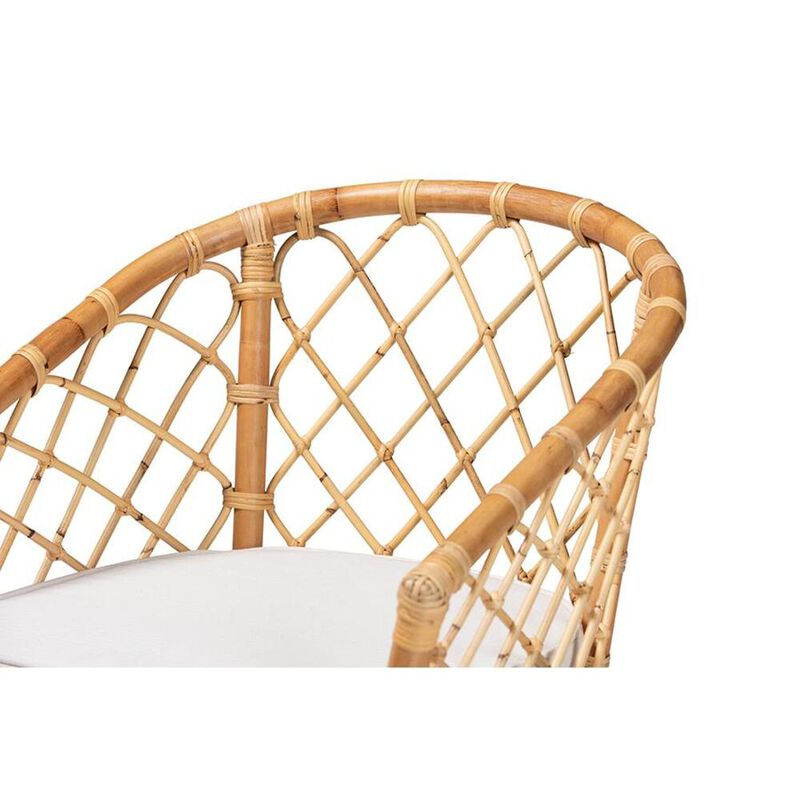 Baxton Studio White Fabric Upholstered and Natural Brown Rattan Dining Chair